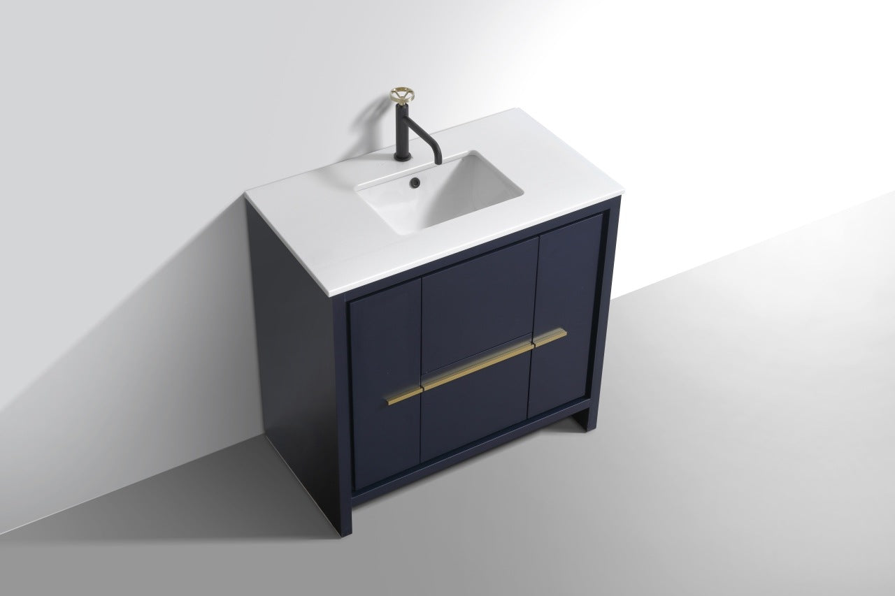 Kubebath Dolce 36″ Inch Navy Blue Modern Bathroom Vanity With Quartz Countertop