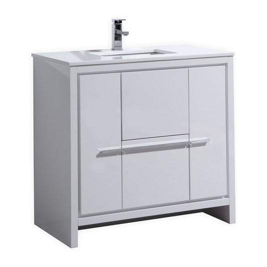 Kubebath Dolce 36″ Inch High Gloss White Modern Bathroom Vanity With Quartz Countertop
