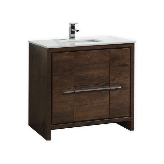 Kubebath Dolce 36″ Inch Rose Wood Modern Bathroom Vanity With Quartz Countertop