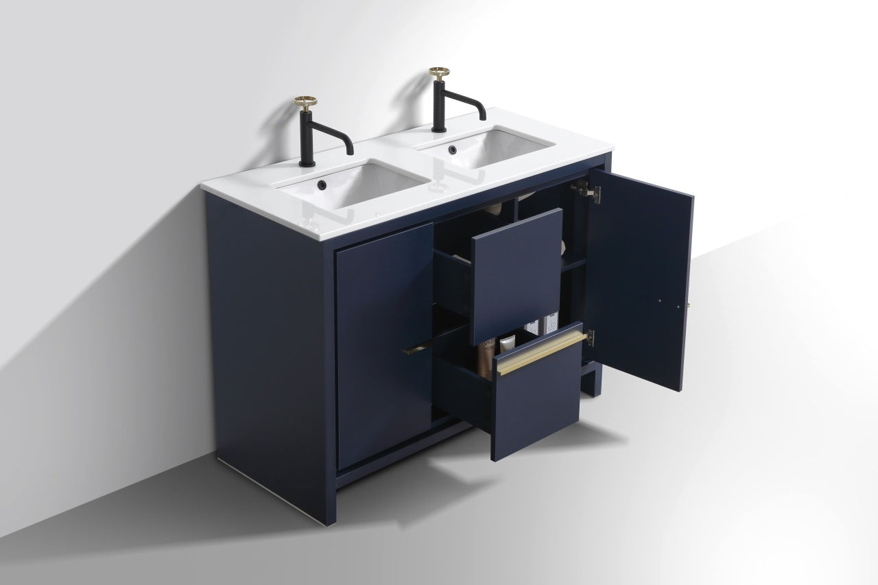 Kubebath Dolce 48″ Inch Double Sink Navy Blue Modern Bathroom Vanity With Quartz Countertop