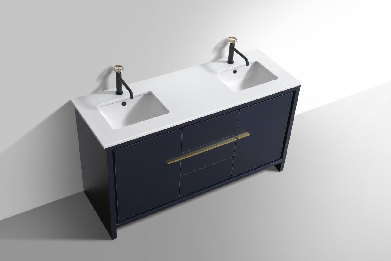 Kubebath Dolce 60″ Inch Double Sink Navy Blue Modern Bathroom Vanity With Quartz Countertop