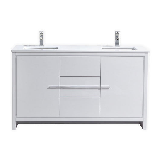 Kubebath Dolce 60″ Inch Double Sink High Gloss White Modern Bathroom Vanity With Quartz Countertop