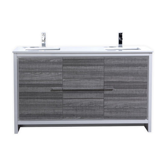 Kubebath Dolce 60″ Inch Double Sink Ash Gray Modern Bathroom Vanity With Quartz Countertop