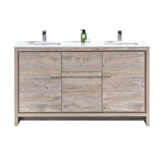 Kubebath Dolce 60″ Inch Double Sink Nature Wood Modern Bathroom Vanity With Quartz Countertop