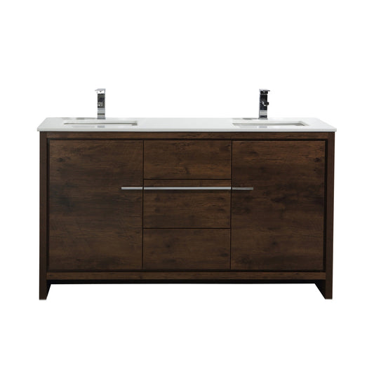 Kubebath Dolce 60″ Inch Double Sink Rose Wood Modern Bathroom Vanity With Quartz Countertop