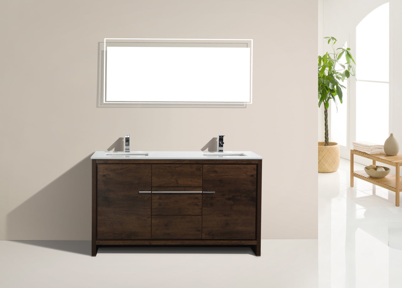 Kubebath Dolce 60″ Inch Double Sink Rose Wood Modern Bathroom Vanity With Quartz Countertop