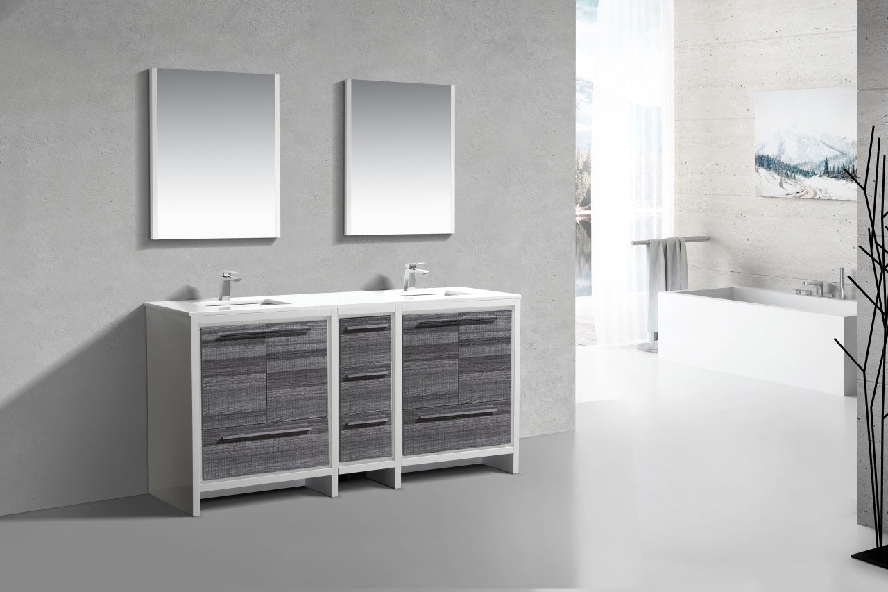 Kubebath Dolce 72″ Inch Gloss Ash Gray Modern Bathroom Vanity With Quartz Countertop