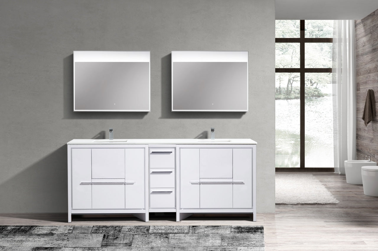 Kubebath Dolce 84″ Inch Double Sink Gloss White Modern Bathroom Vanity With Quartz Countertop