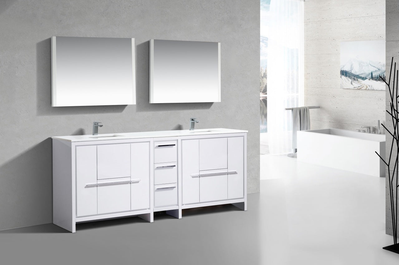 Kubebath Dolce 84″ Inch Double Sink Gloss White Modern Bathroom Vanity With Quartz Countertop