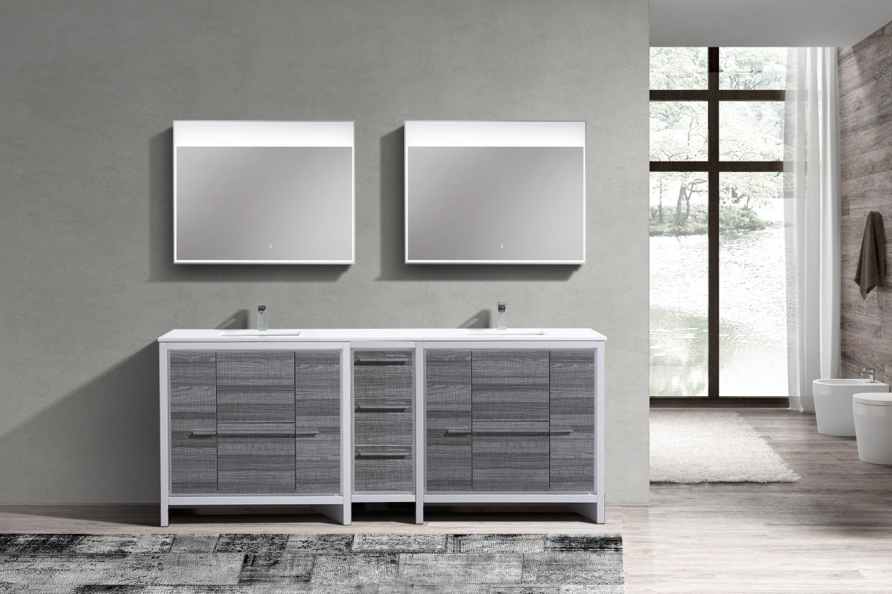 Kubebath Dolce 84″ Inch Double Sink Gloss Ash Gray Modern Bathroom Vanity With Quartz Countertop