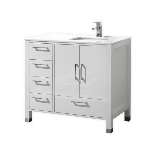 Anziano 36′′ Inch High Gloss White Vanity W/ White Countertop – Left Side Drawers