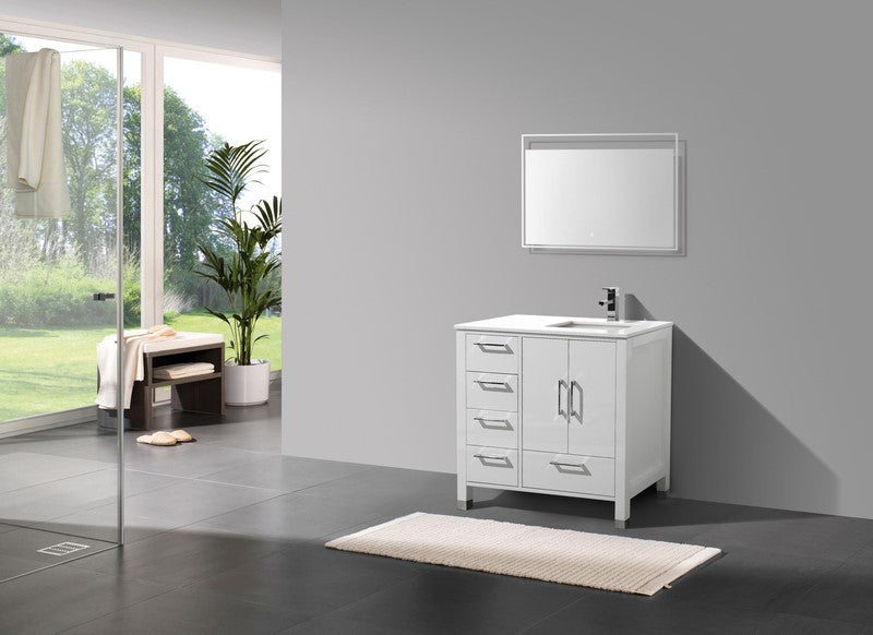 Anziano 36′′ Inch High Gloss White Vanity W/ White Countertop – Left Side Drawers