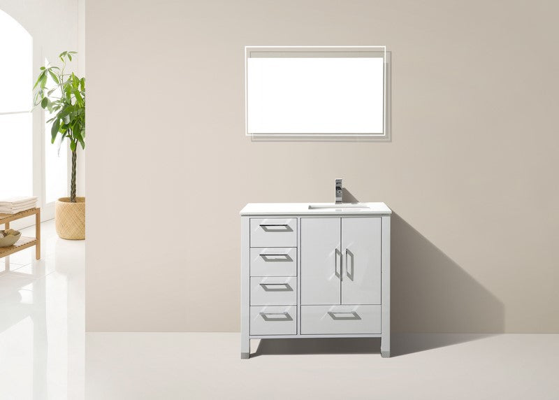 Anziano 36′′ Inch High Gloss White Vanity W/ White Countertop – Left Side Drawers