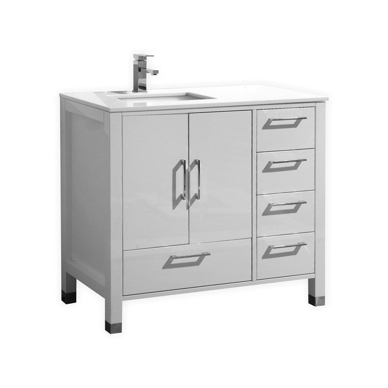Anziano 36″ Inch High Gloss White Vanity W/ White Countertop – Right Side Drawers