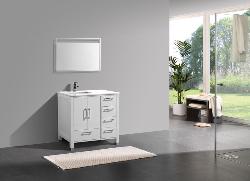 Anziano 36″ Inch High Gloss White Vanity W/ White Countertop – Right Side Drawers