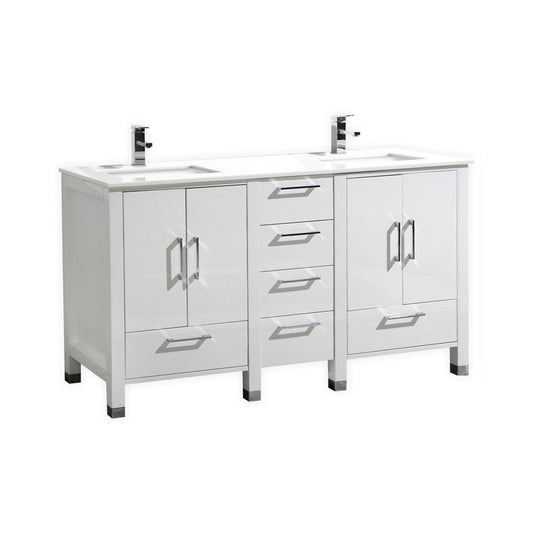 Anziano 60″ Inch High Gloss White Double Sink Vanity W/ White Countertop