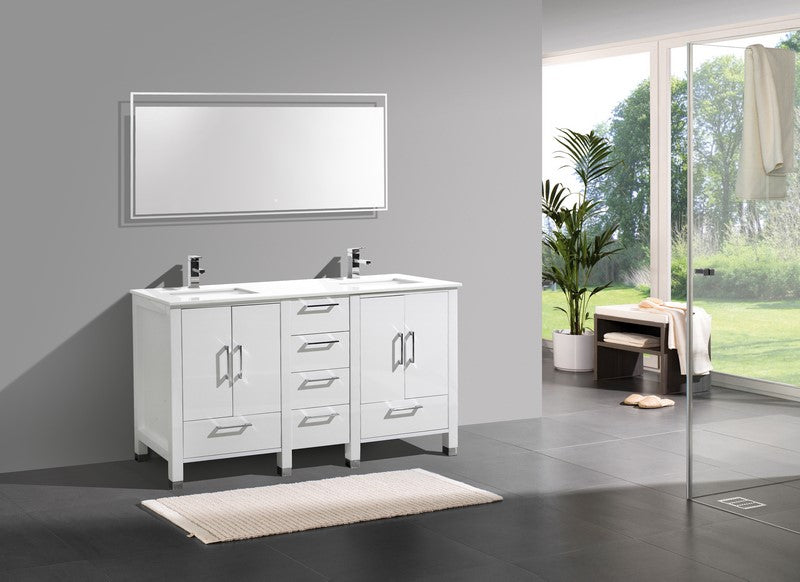 Anziano 60″ Inch High Gloss White Double Sink Vanity W/ White Countertop