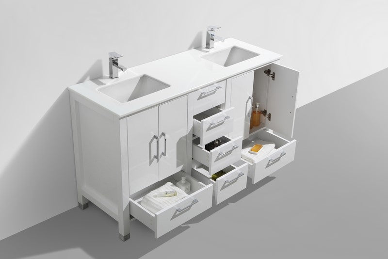 Anziano 60″ Inch High Gloss White Double Sink Vanity W/ White Countertop