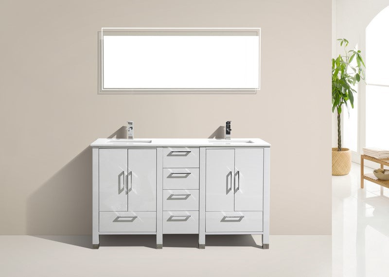 Anziano 60″ Inch High Gloss White Double Sink Vanity W/ White Countertop