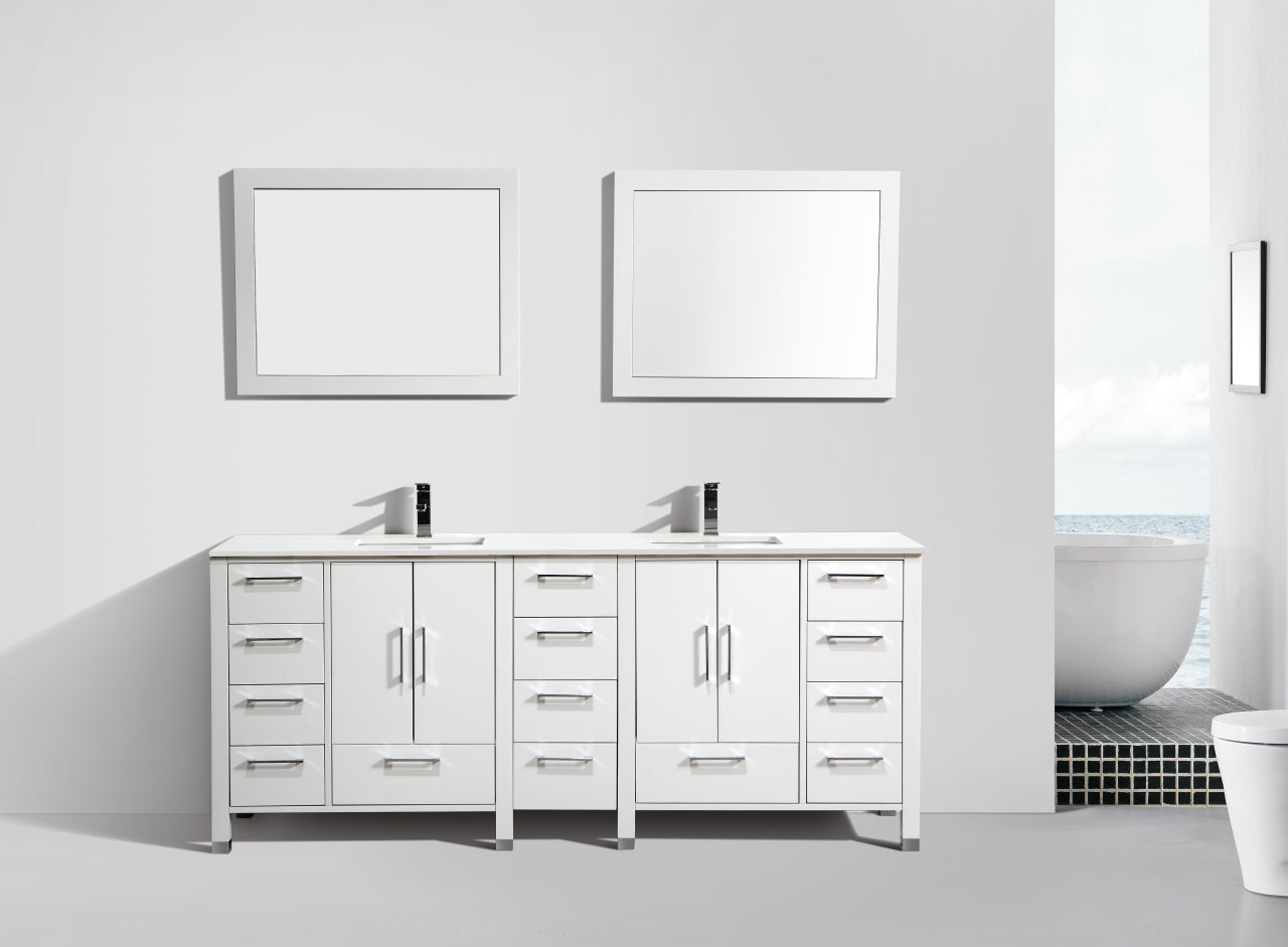 Anziano 84″ High Gloss White Double Sink Vanity w/ White Countertop