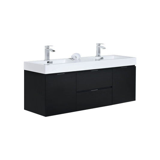 Bliss 60″ Inch Black Wall Mount Double Sink Modern Bathroom Vanity