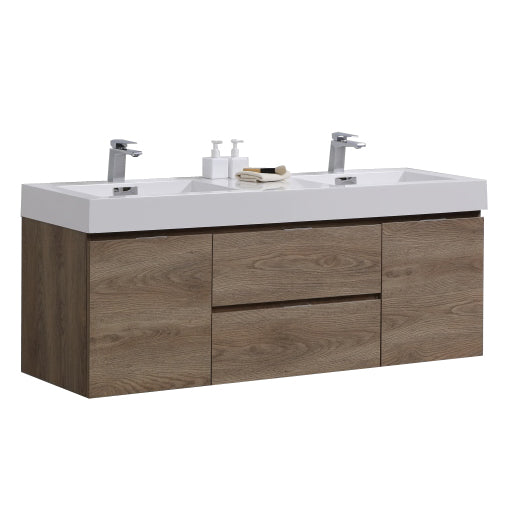 Bliss 60″ Inch Butternut Wall Mount Double Sink Modern Bathroom Vanity