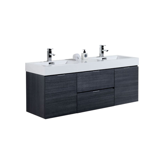 Bliss 60″ Inch Gray Oak Wall Mount Double Sink Modern Bathroom Vanity