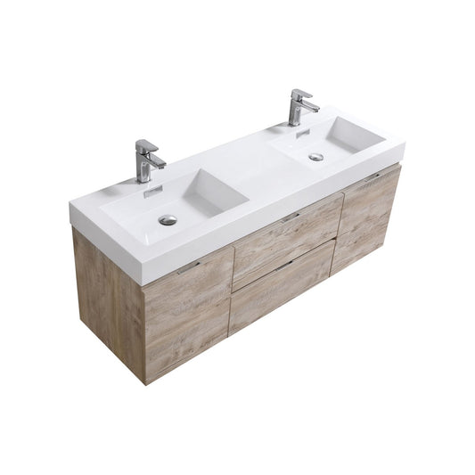 Bliss 60″ Inch Nature Wood Wall Mount Double Sink Modern Bathroom Vanity