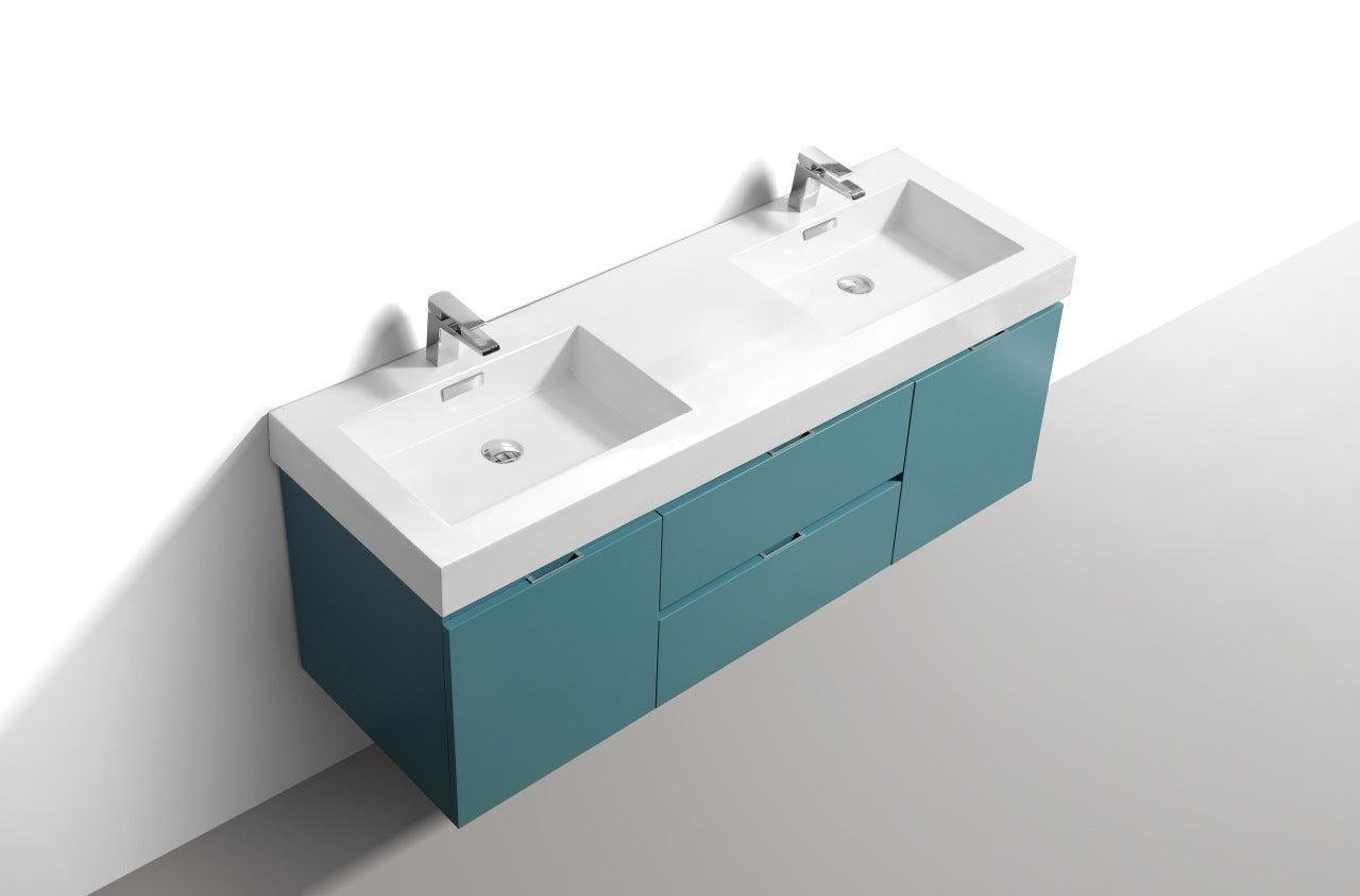 Bliss 60″ Inch Teal Green Wall Mount Double Sink Modern Bathroom Vanity