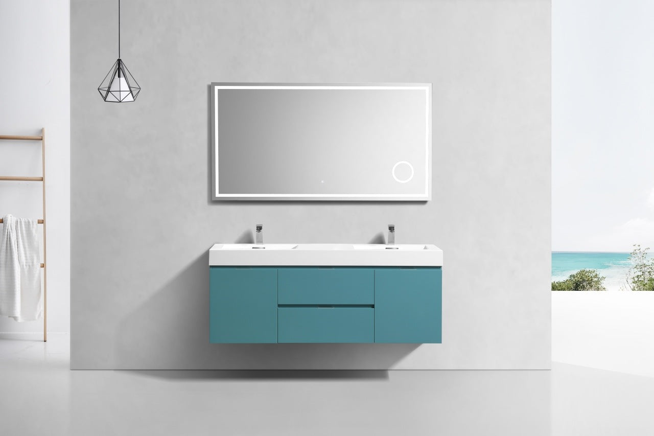 Bliss 60″ Inch Teal Green Wall Mount Double Sink Modern Bathroom Vanity