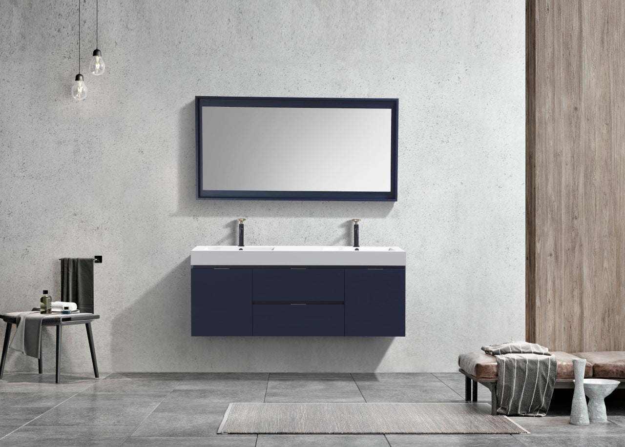 Bliss 60″ Inch Navy Blue Wall Mount Double Sink Modern Bathroom Vanity