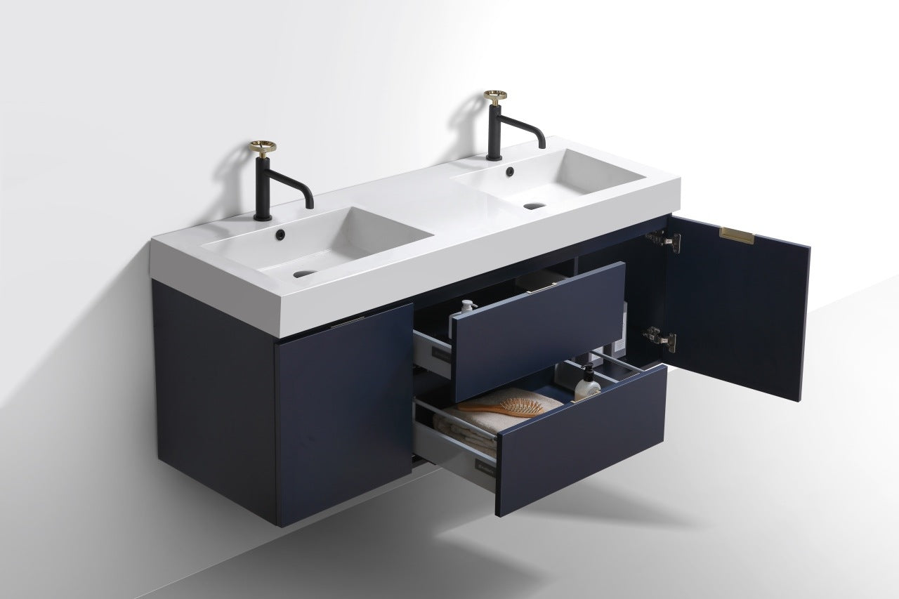 Bliss 60″ Inch Navy Blue Wall Mount Double Sink Modern Bathroom Vanity