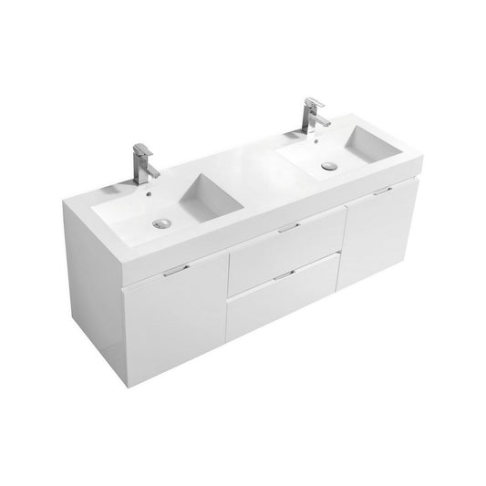 Bliss 60″ Inch High Gloss White Wall Mount Double Sink Modern Bathroom Vanity