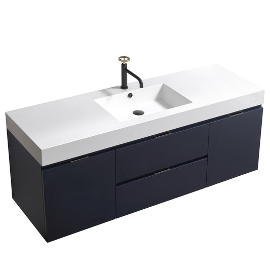 Bliss 60″ Inch Navy Blue Wall Mount Single Sink Modern Bathroom Vanity