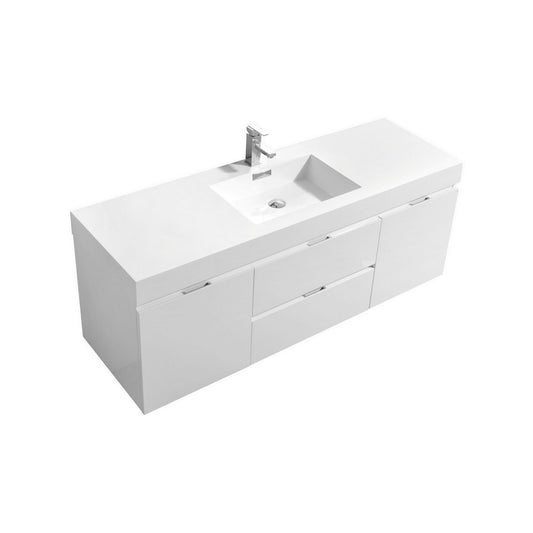 Bliss 60″ Inch High Gloss White Wall Mount Single Sink Modern Bathroom Vanity