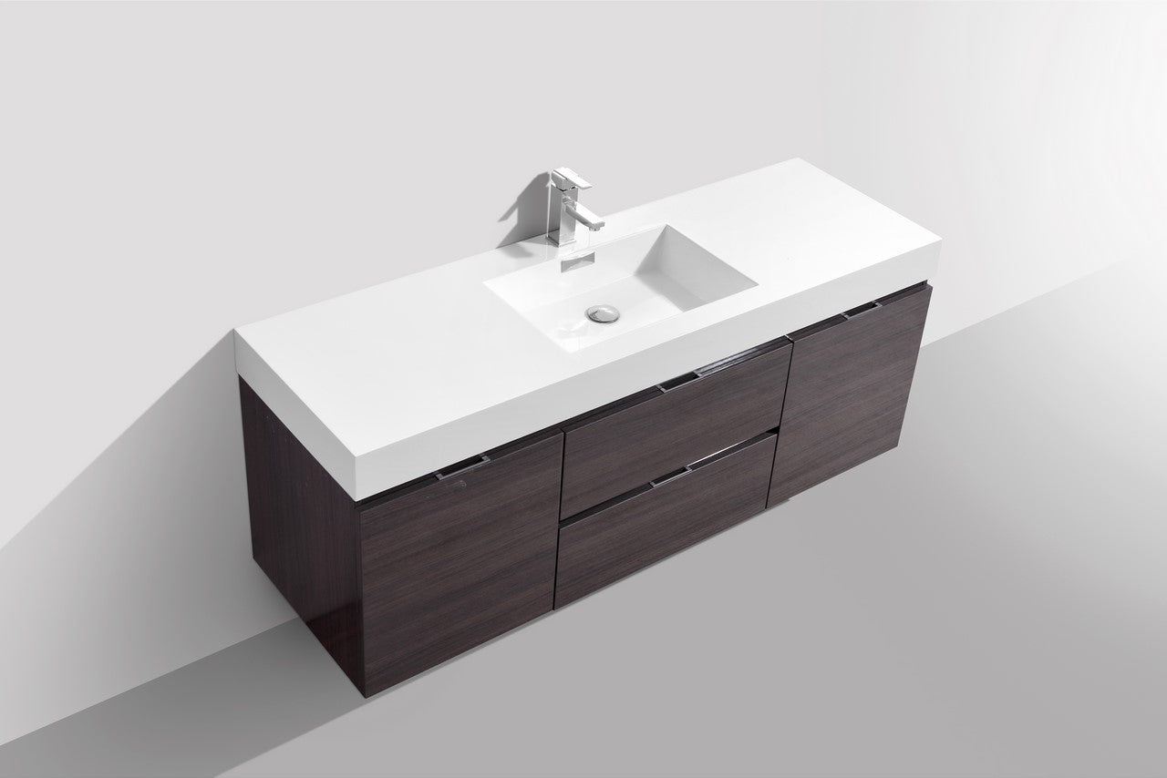 Bliss 60″ Inch High Gloss Gray Oak Wall Mount Single Sink Modern Bathroom Vanity