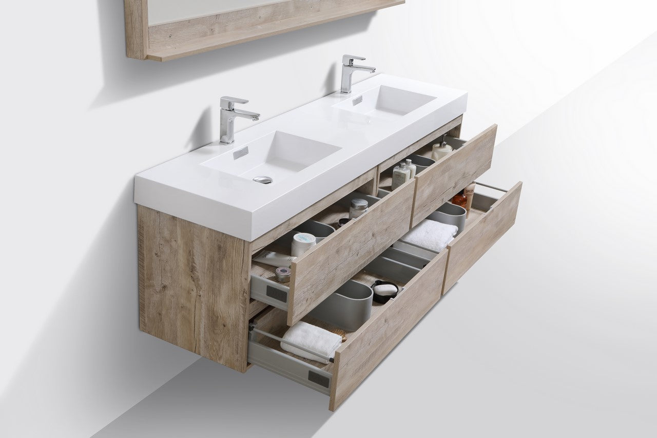 Bliss 72″ Inch Nature Wood Wall Mount Double Sink Modern Bathroom Vanity