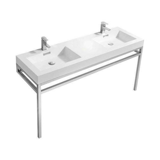 Haus 60″ Inch Double Sink Stainless Steel Console W/ White Acrylic Sink – Chrome