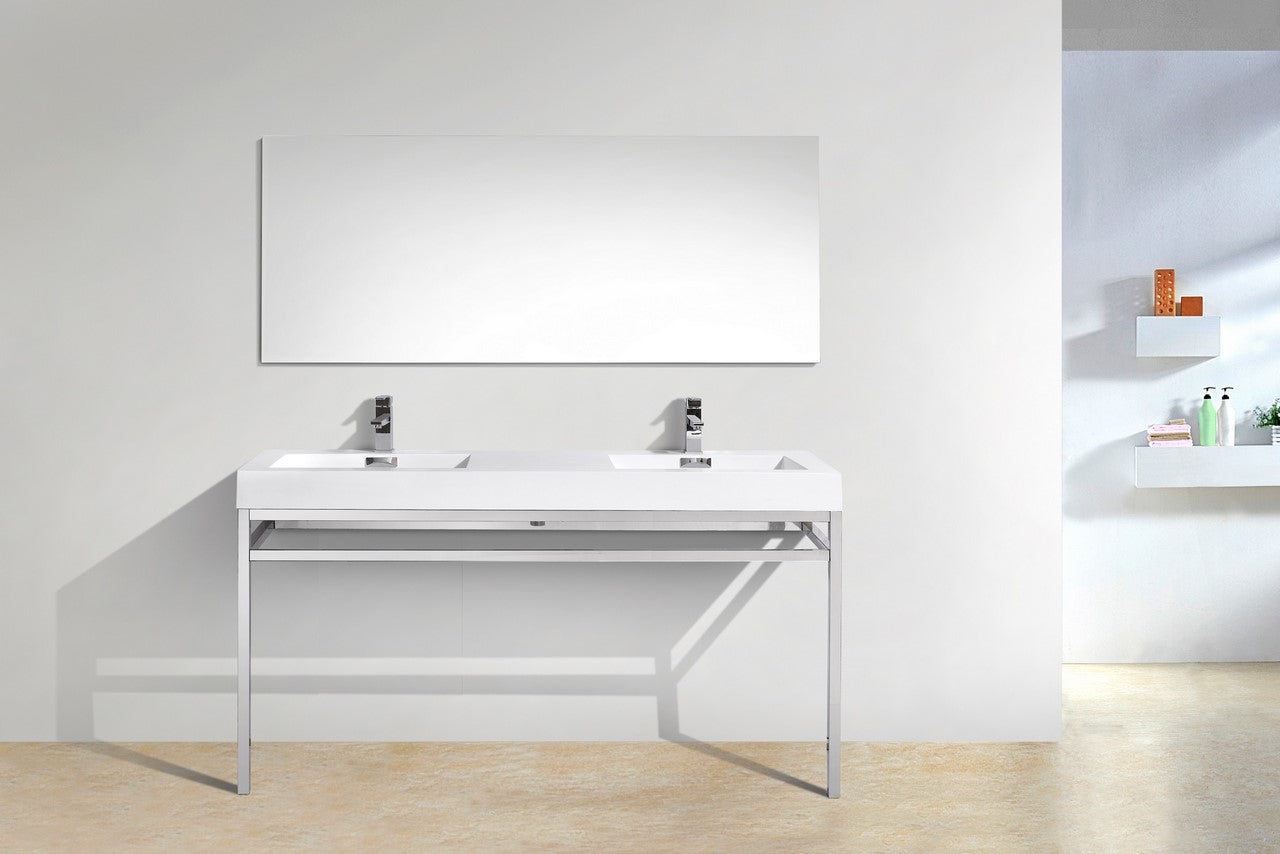 Haus 60″ Inch Double Sink Stainless Steel Console W/ White Acrylic Sink – Chrome