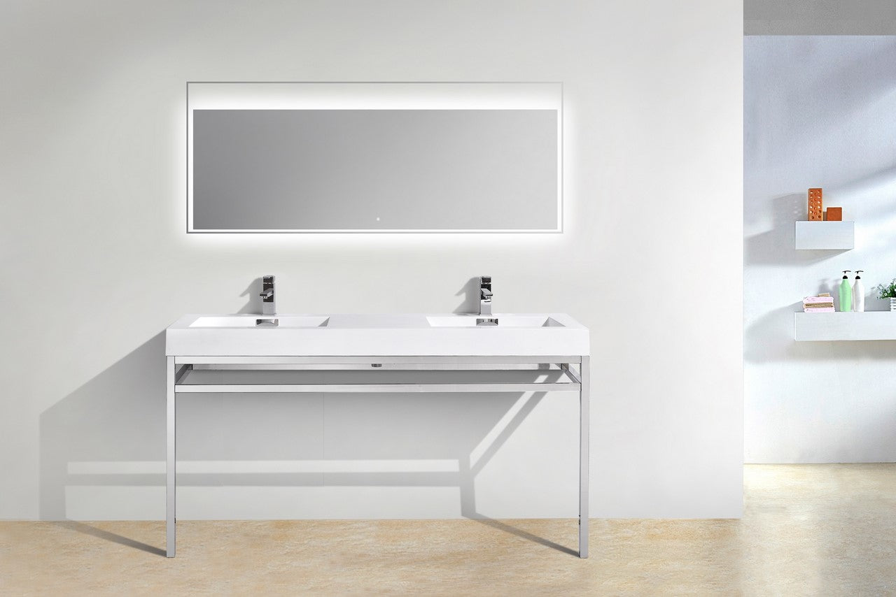 Haus 60″ Inch Double Sink Stainless Steel Console W/ White Acrylic Sink – Chrome