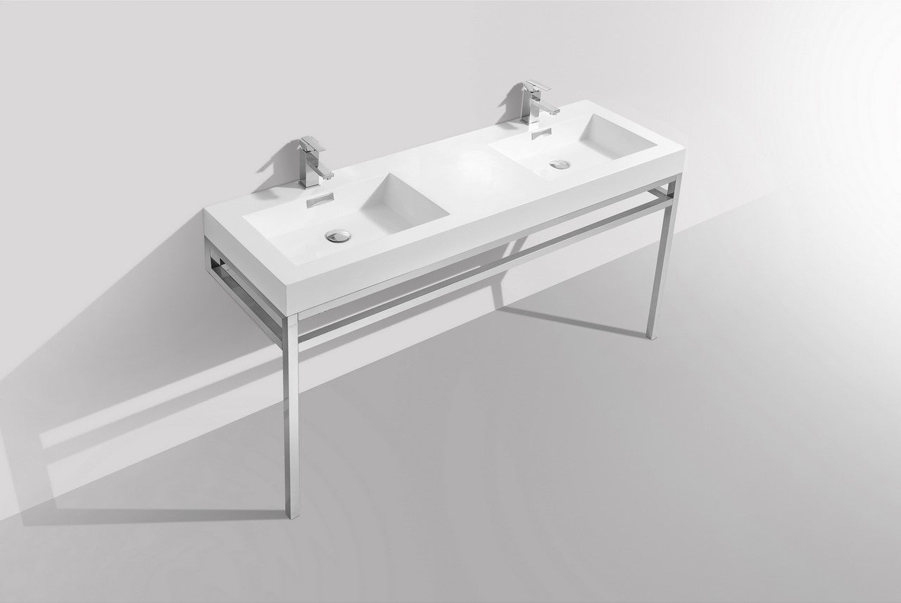 Haus 60″ Inch Double Sink Stainless Steel Console W/ White Acrylic Sink – Chrome