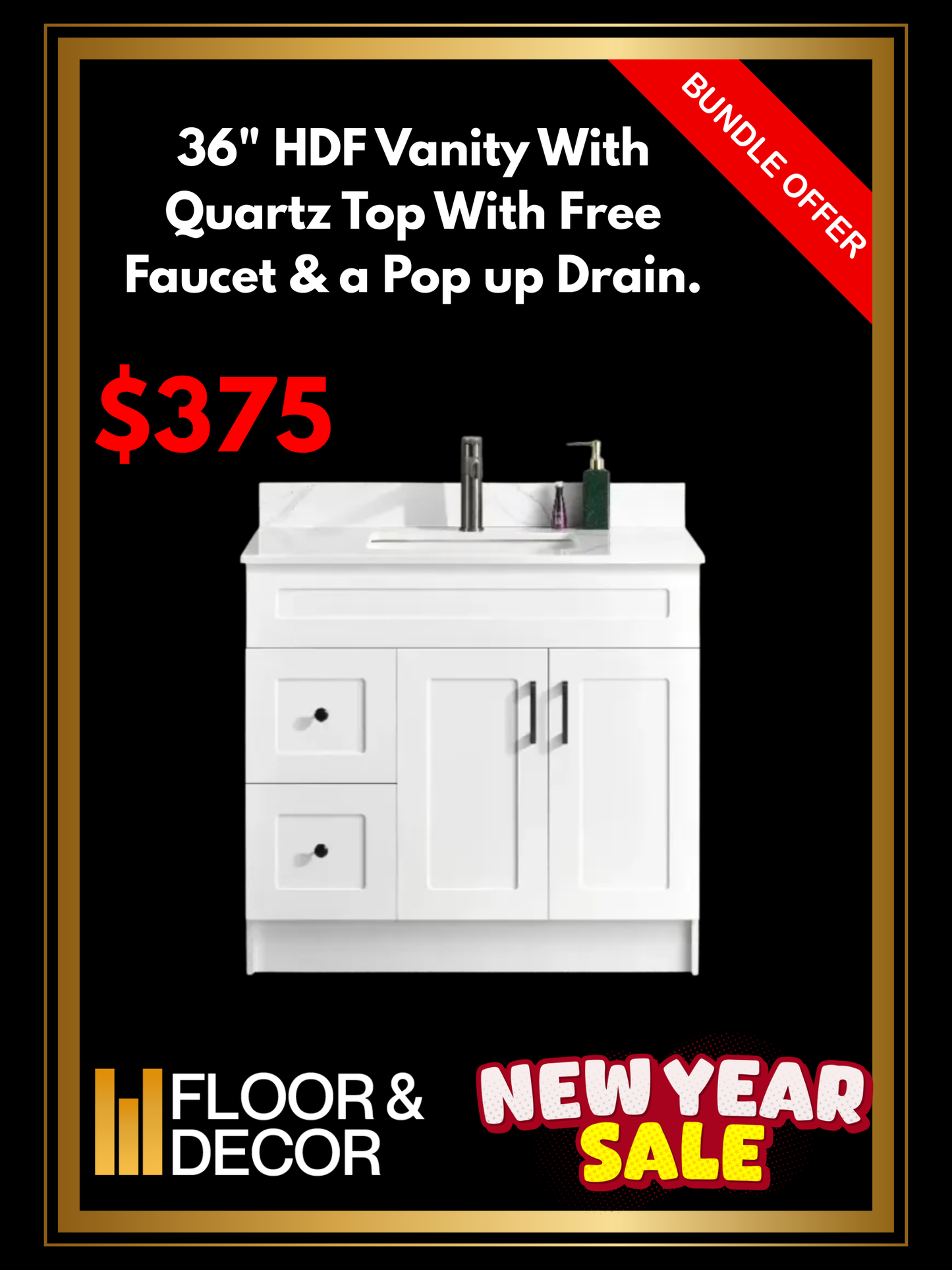 36" HDF Vanity With Quartz Top With Free Faucet & a Pop up Drain.