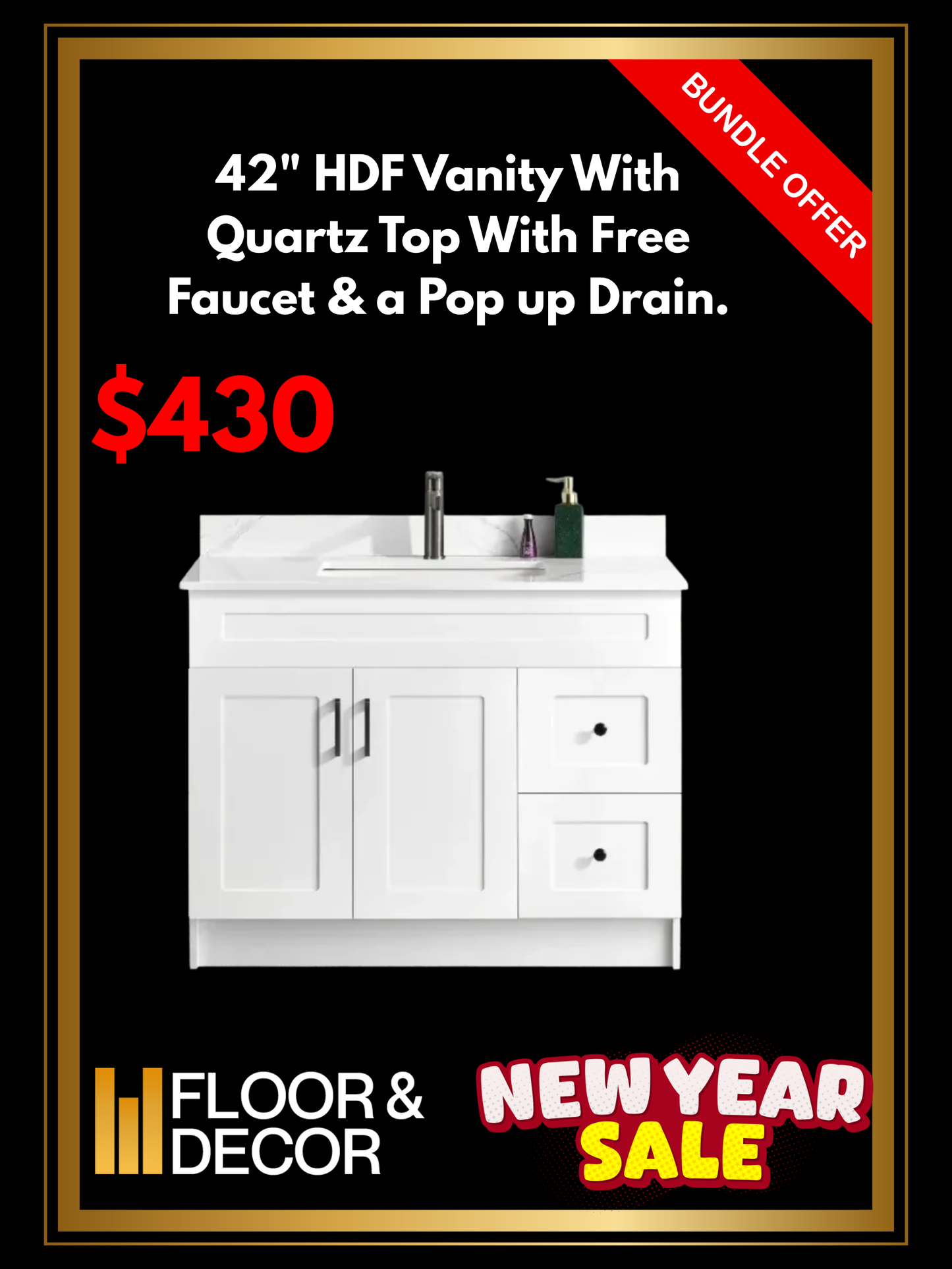42" HDF Vanity With Quartz Top With Free Faucet & a Pop up Drain.