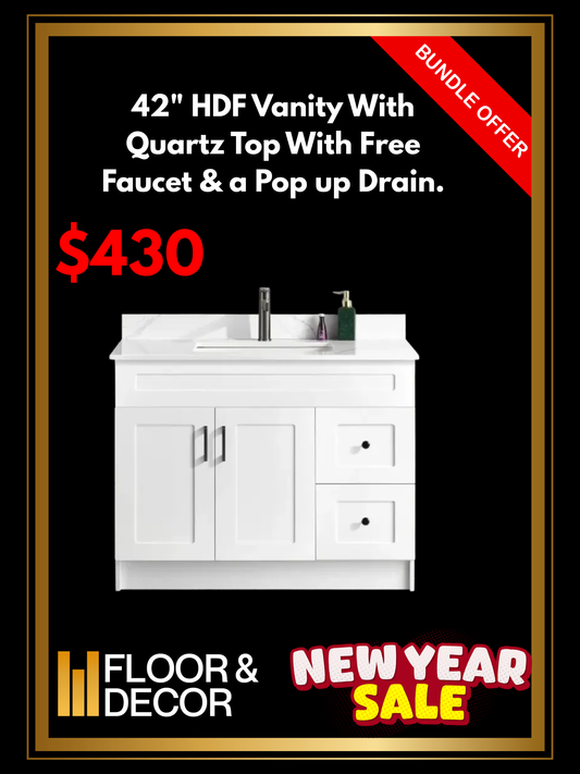 42" HDF Vanity With Quartz Top With Free Faucet & a Pop up Drain.