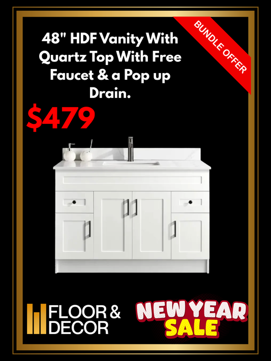 48" HDF Vanity With Quartz Top With Free Faucet & a Pop up Drain.
