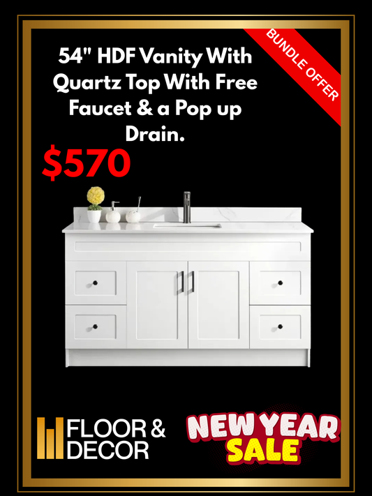 54" HDF Vanity With Quartz Top With Free Faucet & a Pop up Drain.
