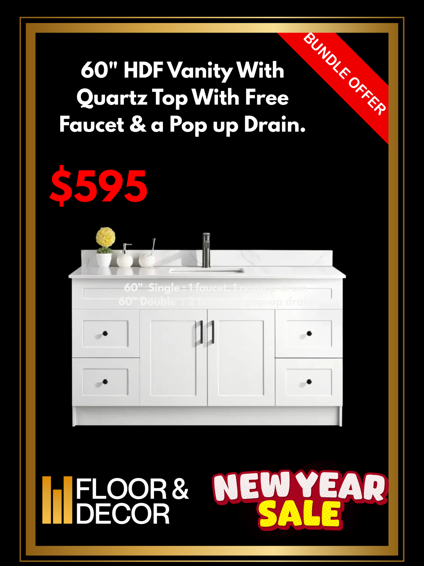60" HDF Vanity With Quartz Top With Free Faucet & a Pop up Drain