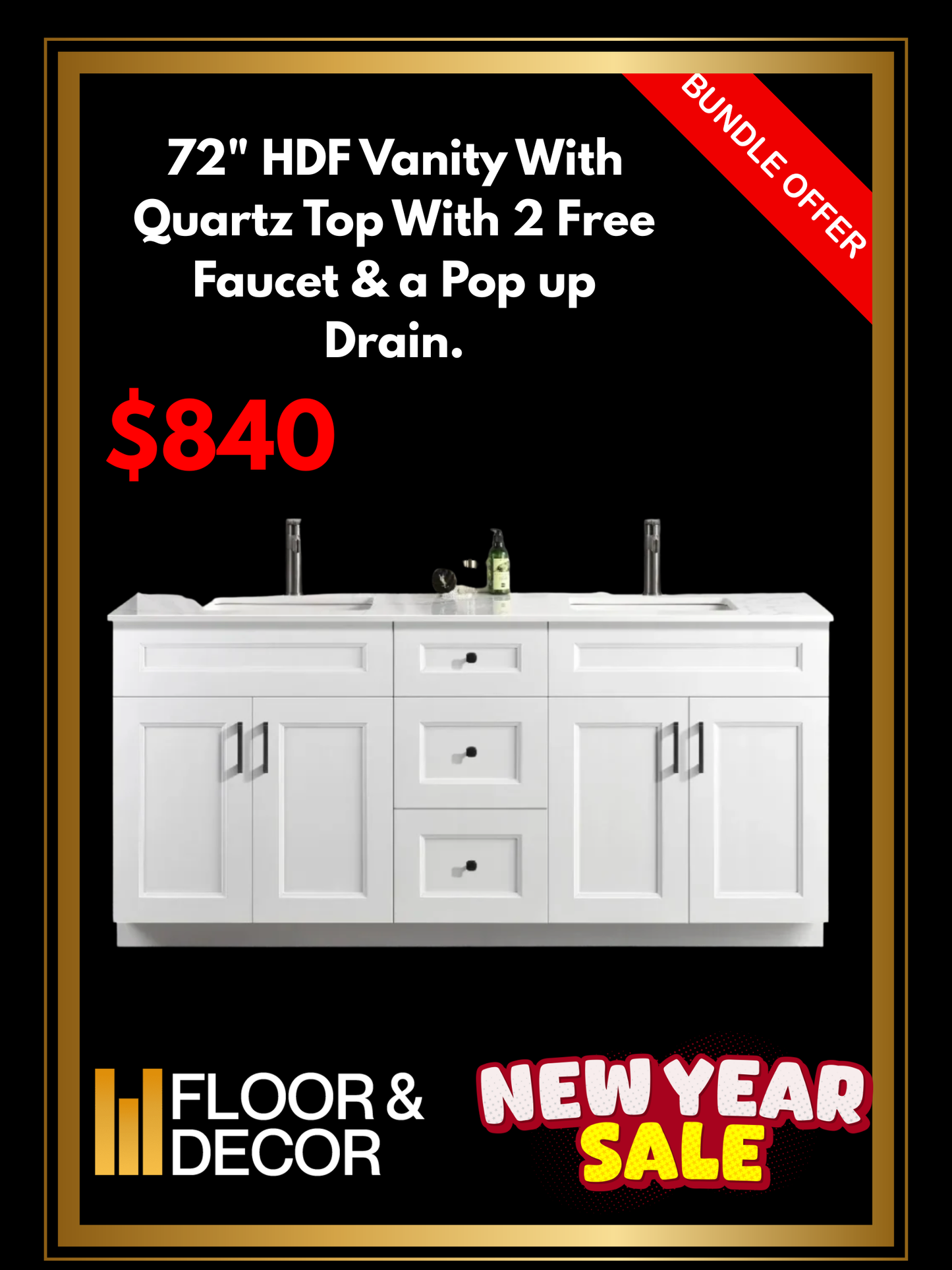 72" HDF Vanity With Quartz Top  – With Two Free Faucets & Two Pop-Up Drains