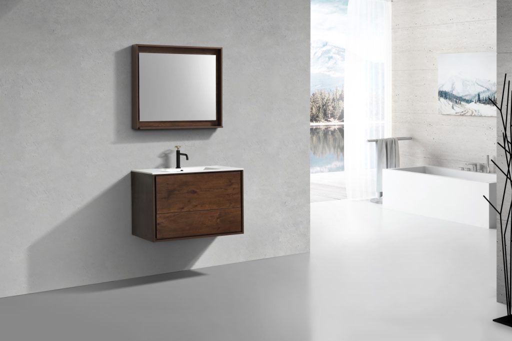 De Lusso 36″ Inch Rose Wood Wall Mount Modern Bathroom Vanity