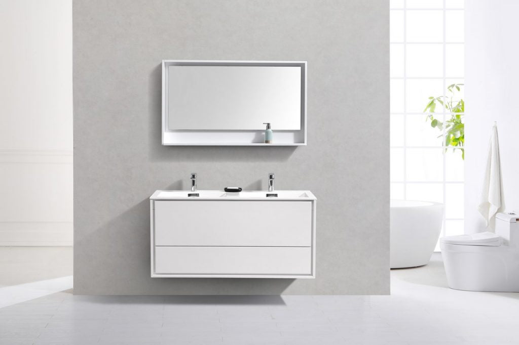 48″ De Lusso Double Sink High Gloss White Wall Mount Modern Bathroom Vanity